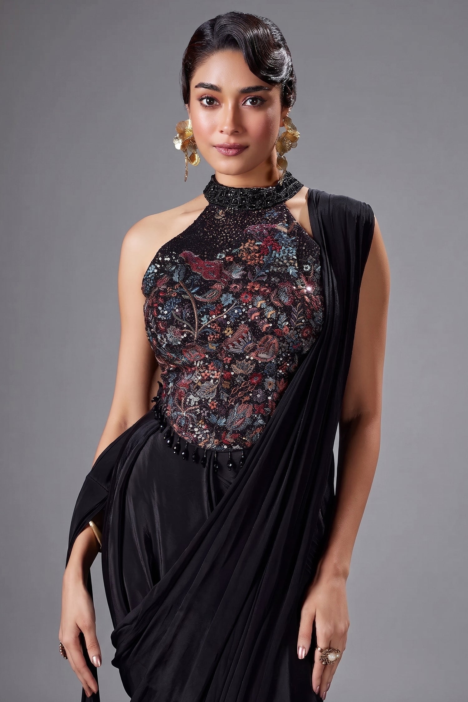 Black Crepe Silk Pre Draped Saree with Halter Neck Sequin Embroidered Blouse - red silk saree embroidered