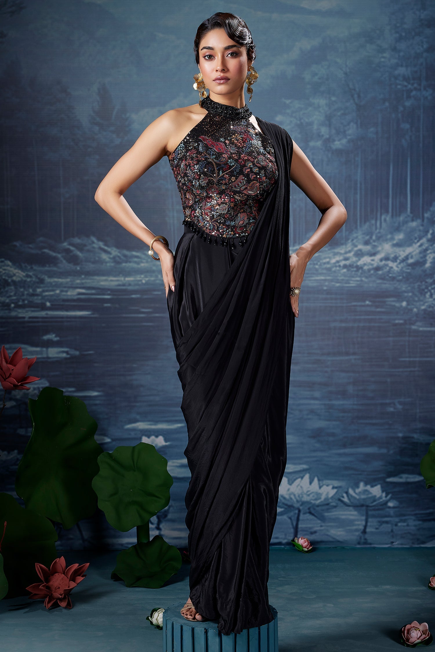 Black Crepe Silk Pre Draped Saree with Halter Neck Sequin Embroidered Blouse - red silk saree embroidered