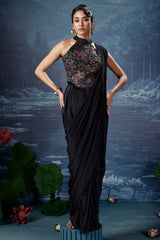 Black Crepe Silk Pre Draped Saree with Halter Neck Sequin Embroidered Blouse - red silk saree embroidered