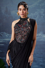 Black Crepe Silk Pre Draped Saree with Halter Neck Sequin Embroidered Blouse