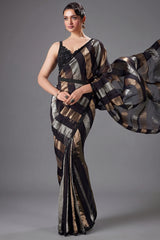 Black Organza Pre Draped Saree with Beaded Cutdana Work Blouse