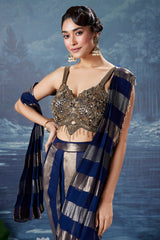 Blue Organza Pre Draped Saree with Bead Work Blouse