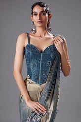 Golden and Blue Tissue Printed Pre Draped Saree with Beaded and Sequin Worked Corset - blue saree