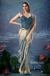 Golden and Blue Tissue Printed Pre Draped Saree with Beaded and Sequin Worked Corset - blue saree
