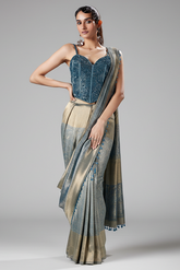 Golden and Blue Tissue Printed Pre Draped Saree with Beaded and Sequin Worked Corset
