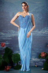 Blue Crepe Silk Readymade Saree with Beaded Cutdana Worked Corset - blue silk saree