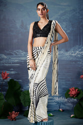 Off White Crepe Silk Printed Readymade Saree with V Neck Sequin Cutdana Work Blouse - white silk saree