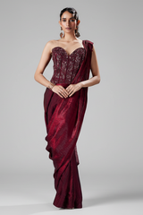 Maroon Crush Glass Tissue Readymade Saree with Beaded and Cutdana Work Corset