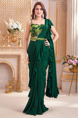 Dark Green Crepe Silk Pre Draped Saree with Sequin Cutdana Work Corset Blouse