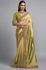 Green and Golden Shaded Tissue Silk Plain Saree with Embroidered Border