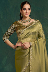 Olive Green Tissue Silk Plain Saree with Embroidered Border