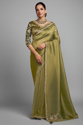 Olive Green Tissue Silk Plain Saree with Embroidered Border