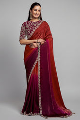 Maroon and Wine Shaded Satin Plain Saree with Embroidered Border