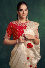 Ivory White Uppada Silk Plain Saree with Sequin Worked Border