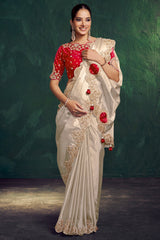 Ivory White Uppada Silk Plain Saree with Sequin Worked Border