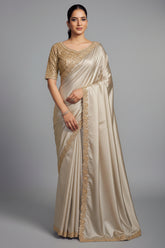Ivory White Uppada Silk Plain Saree with Lace Work