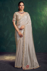 Ivory White Uppada Silk Plain Saree with Lace Work