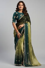 Green Shaded Satin Silk Saree with Sequin Embroidery Work