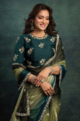 Green Shaded Satin Silk Saree with Sequin Embroidery Work