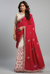 Cream and Red Satin Silk Saree with Sequin Embroidery Work