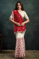 Cream and Red Satin Silk Saree with Sequin Embroidery Work