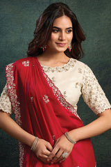 Cream and Red Satin Silk Saree with Sequin Embroidery Work