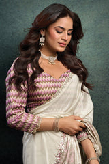 Pearl White Uppada Silk Plain Saree with Lace Work