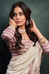 Pearl White Uppada Silk Plain Saree with Lace Work