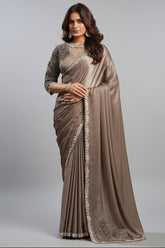 Dark Taupe Satin Silk Plain Saree with Embroidered Border