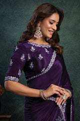 Purple Satin Silk Plain Saree with Embroidered Border