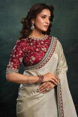 Off White Satin Silk Saree with Sequin Embroidery Work