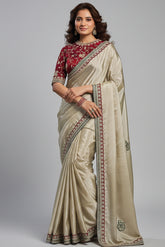 Off White Satin Silk Saree with Sequin Embroidery Work
