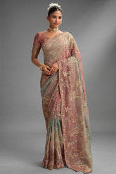 Triple Toned Silk All Over Embroidered Saree - red silk saree embroidered