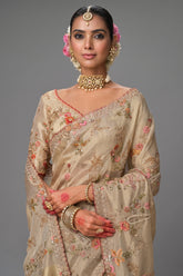 Cream Silk Woven Saree with Embroidery - cream silk saree embroidery
