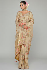 Cream Silk Woven Saree with Embroidery
