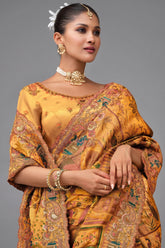 Mustard Silk Woven Saree with Embroidery - mustard silk saree embroidery