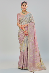 Grey and Pink Silk Woven Saree with Embroidery