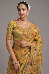 Lime Yellow Silk Woven Saree with Embroidery - yellow silk saree embroidery