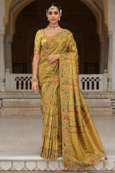 Lime Yellow Silk Woven Saree with Embroidery - yellow silk saree embroidery