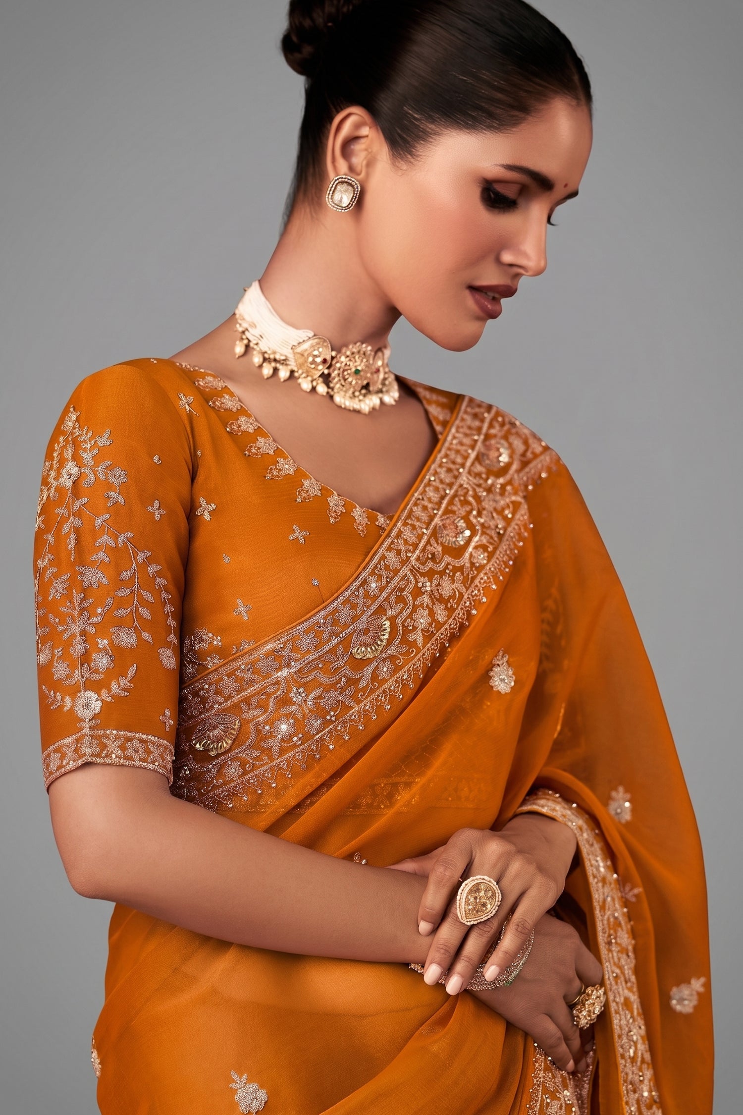 Mustard Yellow Georgette Chiffon Saree with Embroidery - yellow chiffon saree embroidery