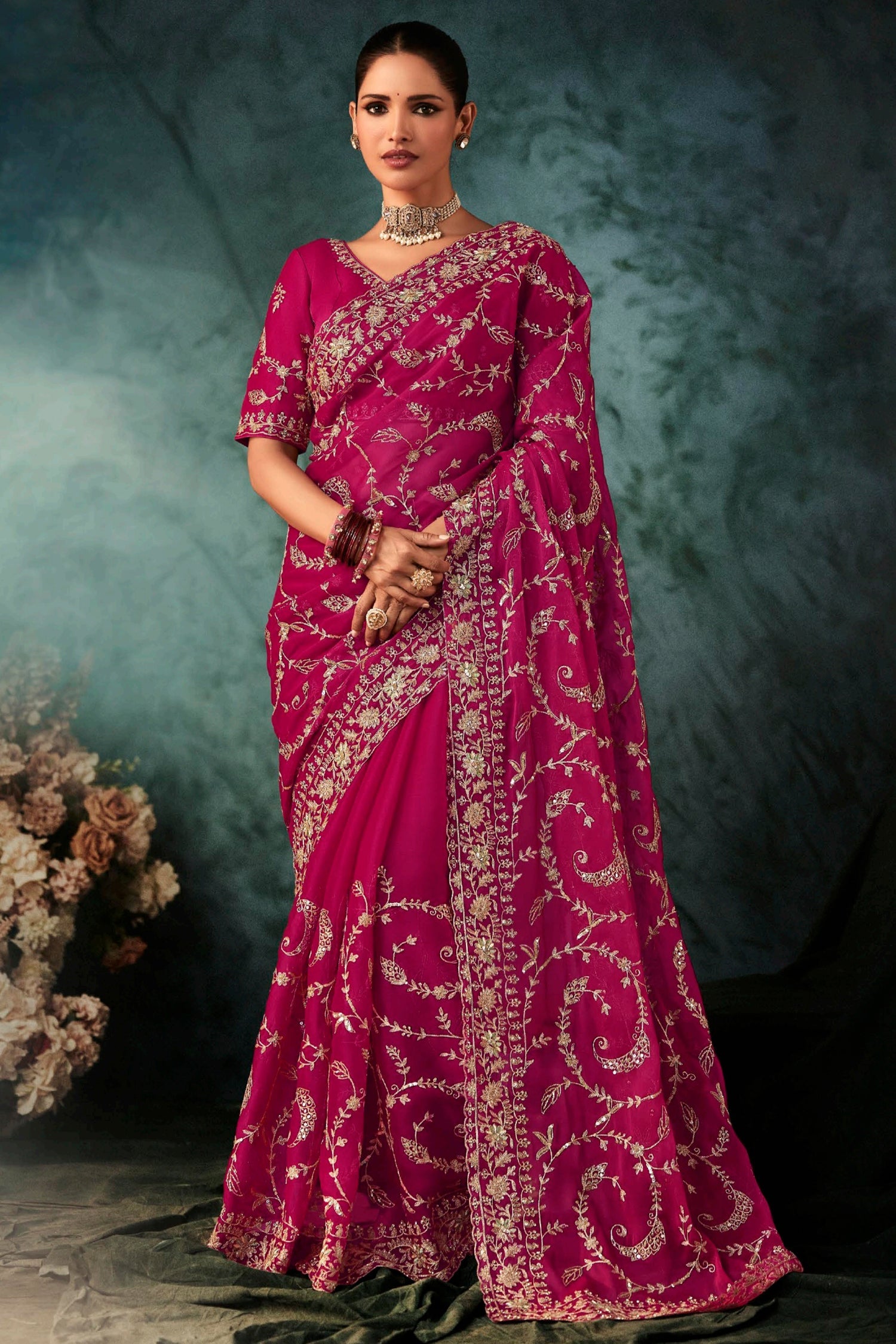 Pink Organza Saree with Sequin Embroidery Work - pink organza saree embroidery