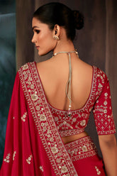 Red Georgette Satin Crepe Saree with Sequin Embroidery Work - red satin saree embroidery