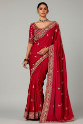 Red Georgette Satin Crepe Saree with Sequin Embroidery Work