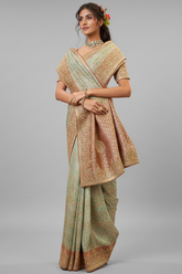Cream and Green Silk Woven Saree with Embroidery