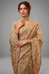 Beige Viscose Silk Embroidered Saree - red silk saree embroidered