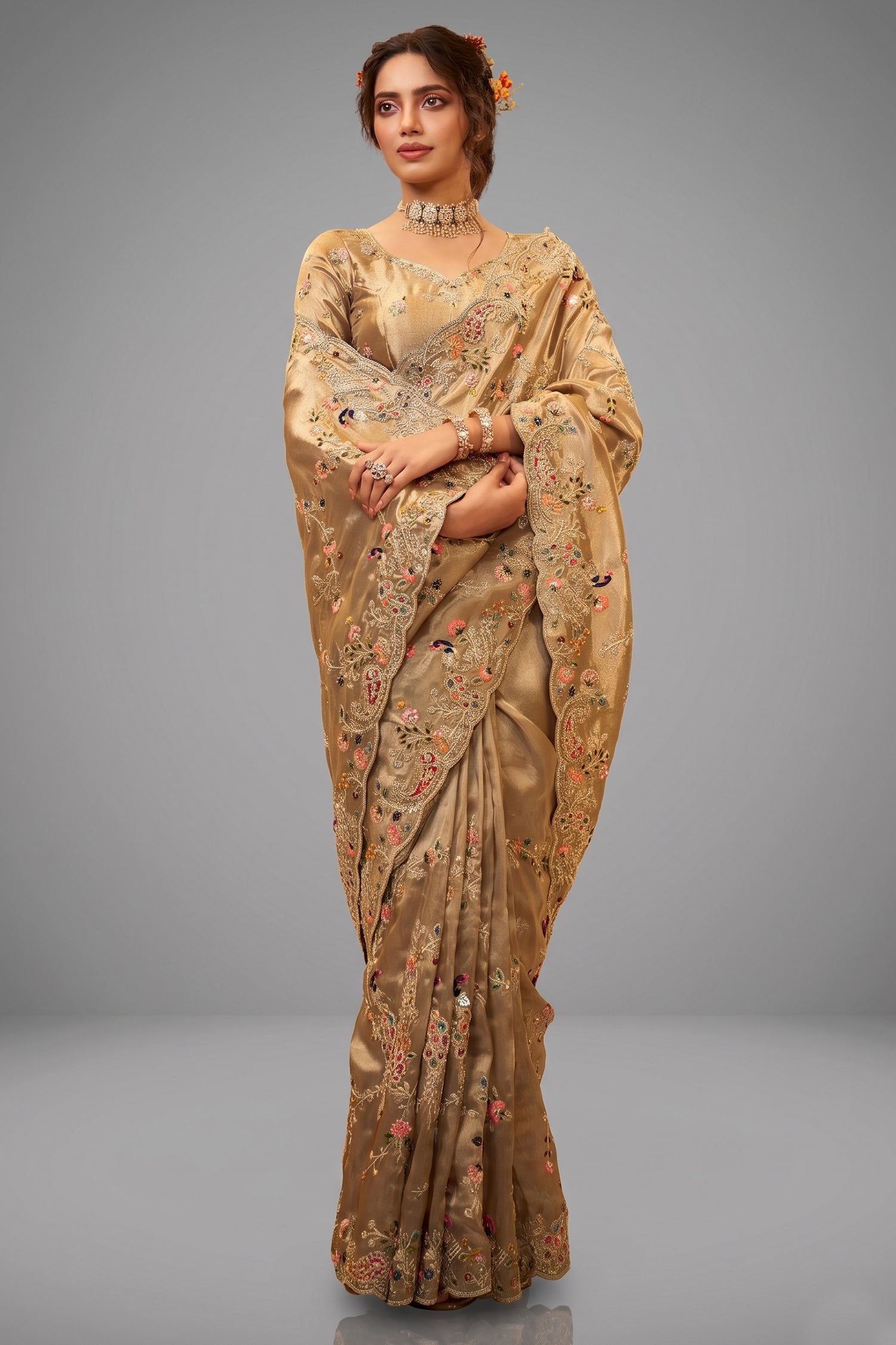 Beige Viscose Silk Embroidered Saree - red silk saree embroidered