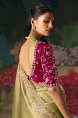 Olive Green Orgazna Sequin Cutadna Worked Saree - green saree