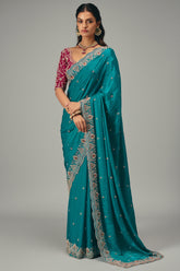 Turquoise Blue Satin Organza Sequin Cutdana Worked Saree with Stone Work