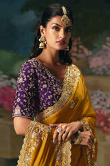 Yellow Satin Organza Sequin Cutdana worked Saree - yellow satin saree