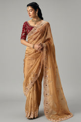 Light Orange Organza Sequin Cutdana Worked Saree